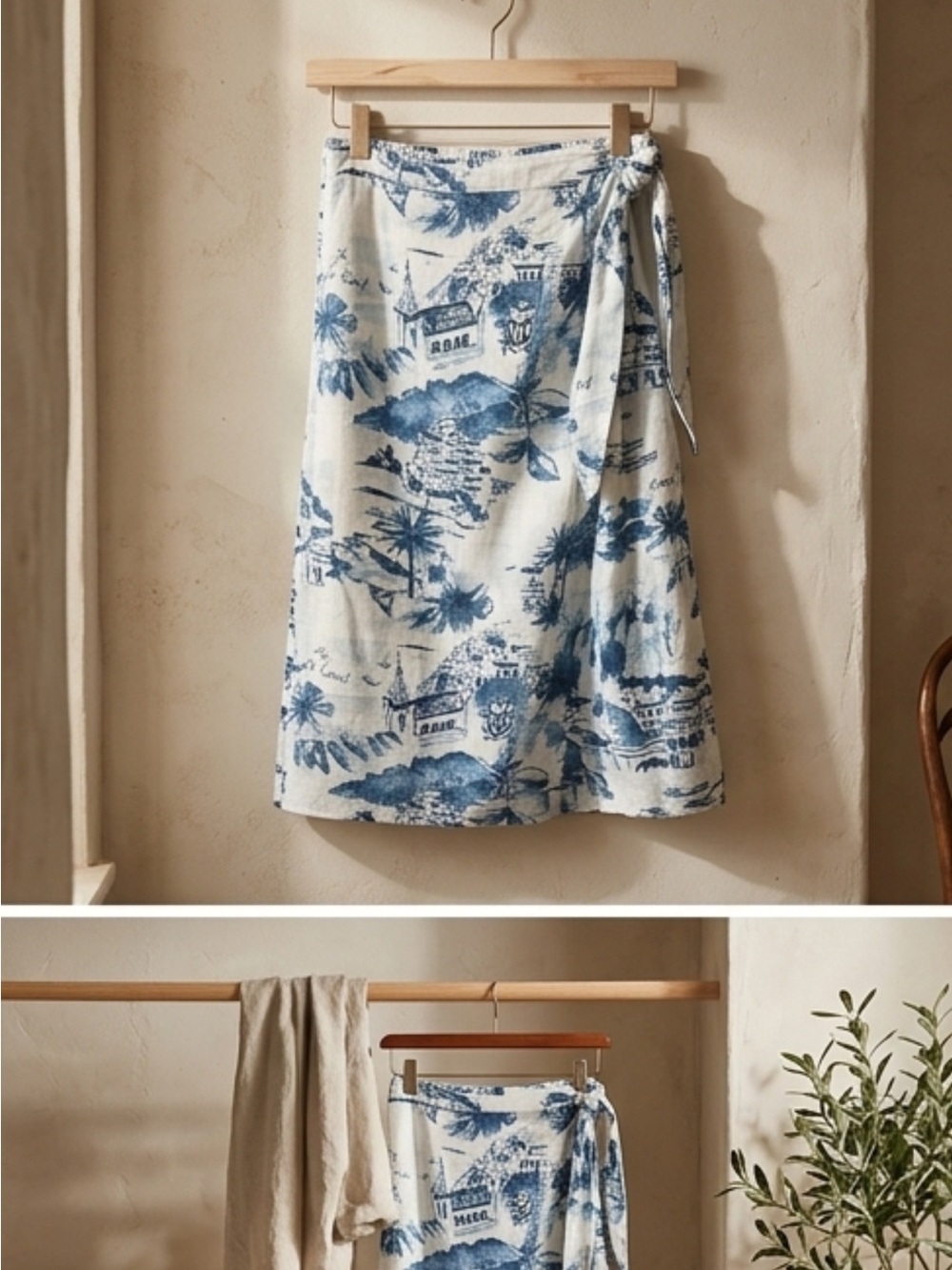 Cynthia Rowley Blue and White Toile Wrap Skirt